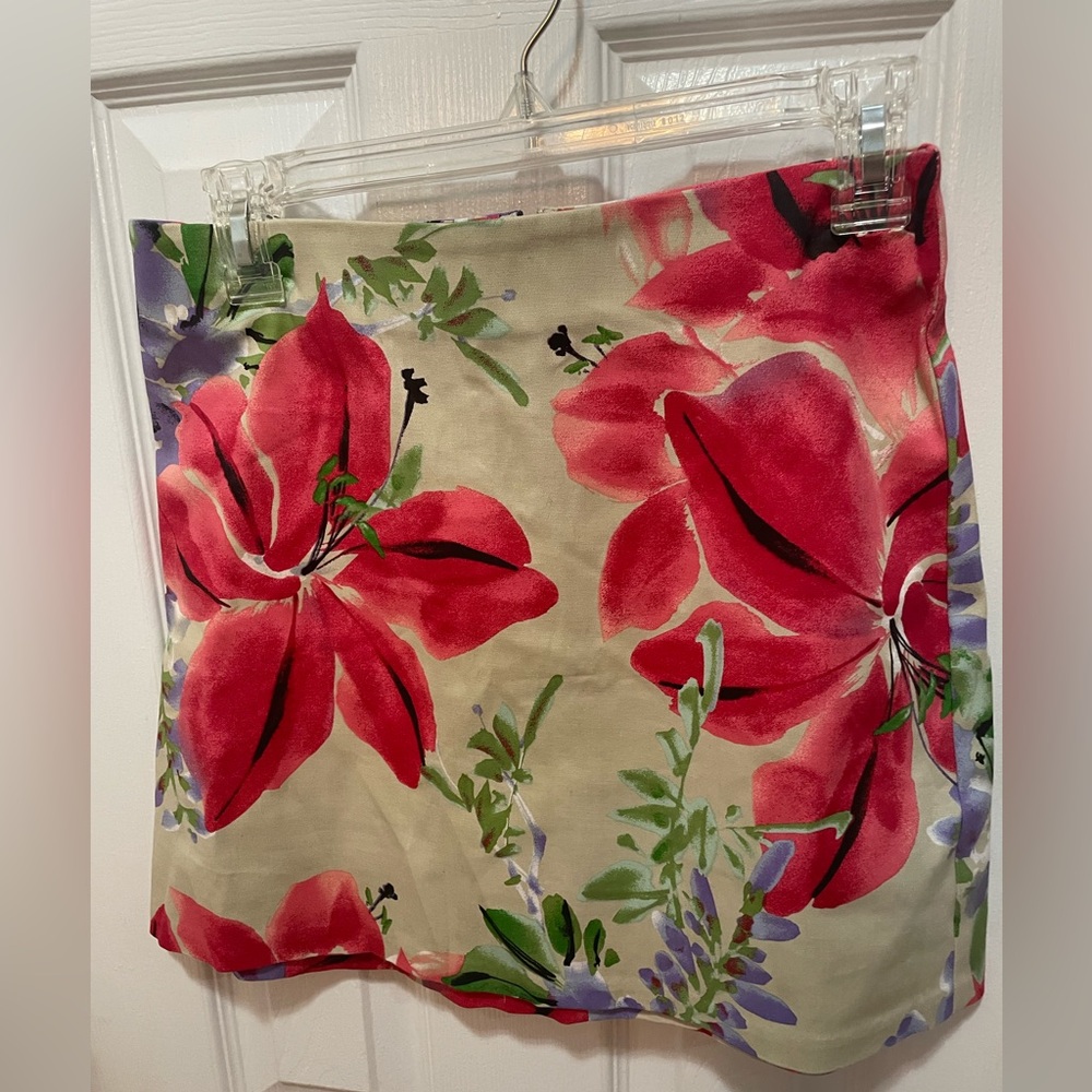 Necessary Objects Red Floral Mini Skirt with Cream Base